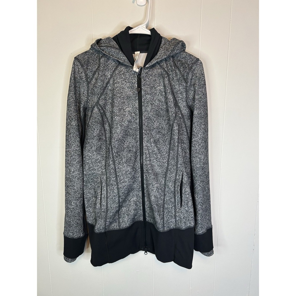 Lululemon Gray Black Hooded Full Zip Jacket with Thumb Holes Women's Size 10 146